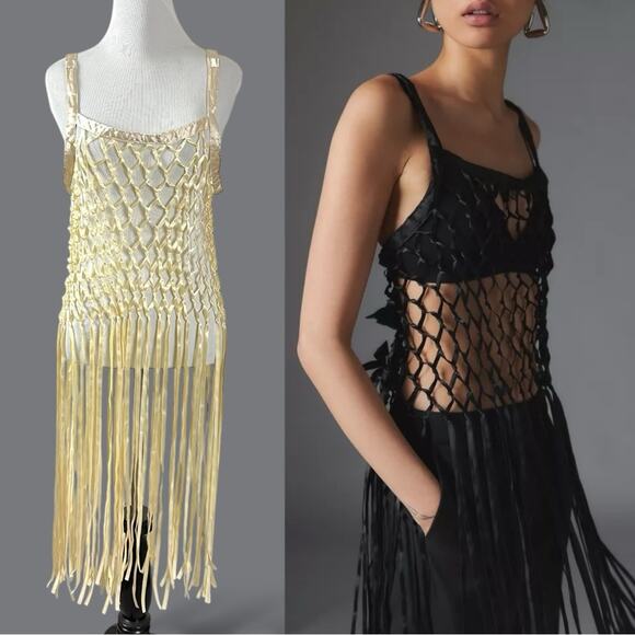 UO Coquette Dainty See Through Satin Ribbon Bow Fringe Midi Top in Blush Small - Picture 1 of 12
